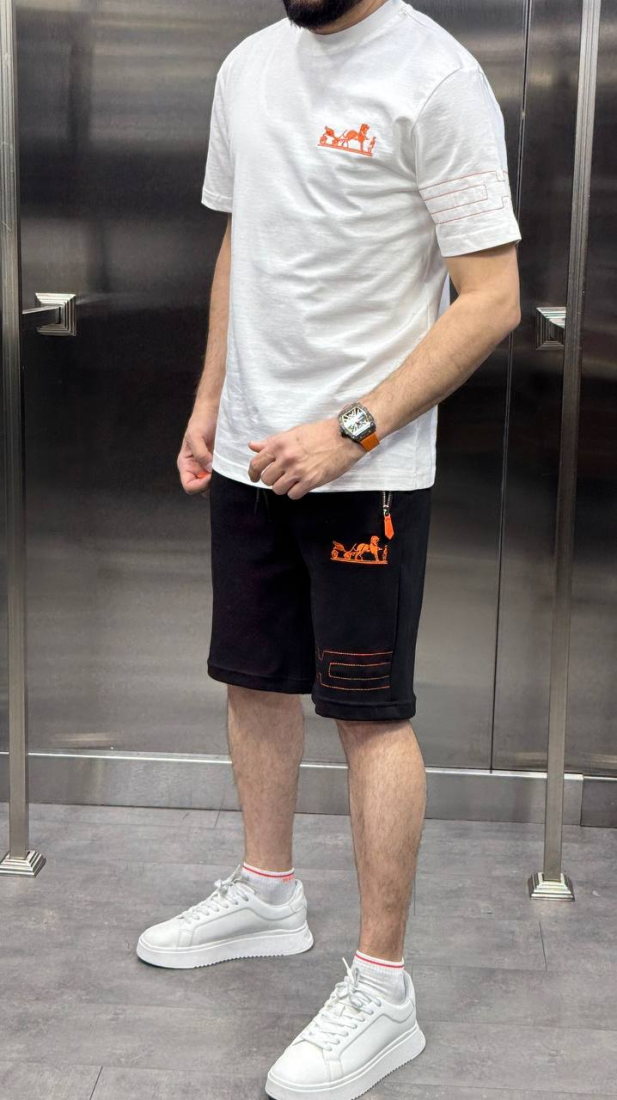 Hermes Paris Short And T-Shirt Set Black/White | MASSIMOLUXURYOUTLET