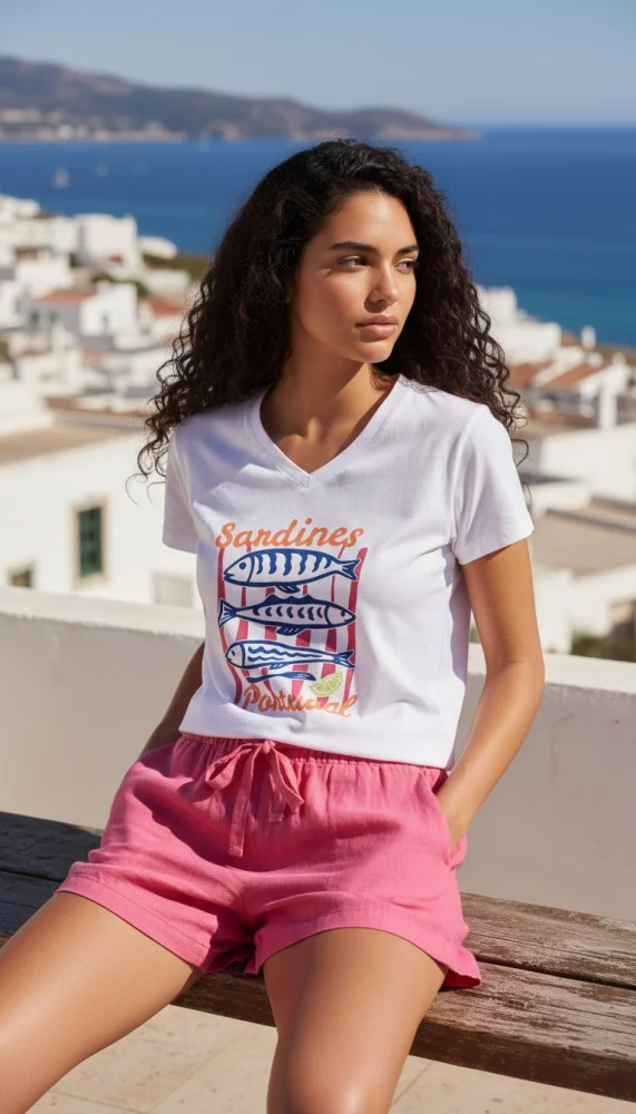 T-shirt col V avec imprimé sardines | Chez Florem