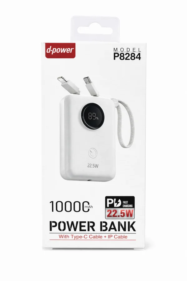 Powerbank 10000mAh PD 22.5W LCD avec IP+C cableWhite P8284  | Beauty phone 