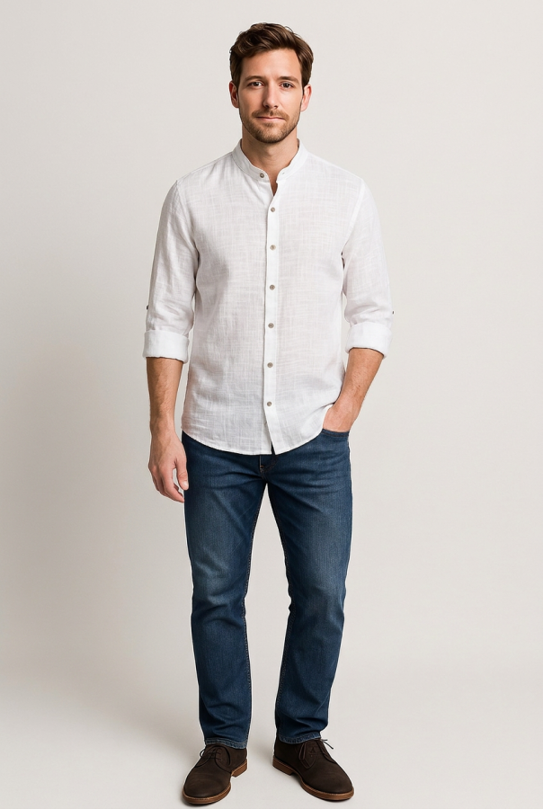 Camicia Uomo Estiva Collo alla Coreana - Bianca | GIMARK