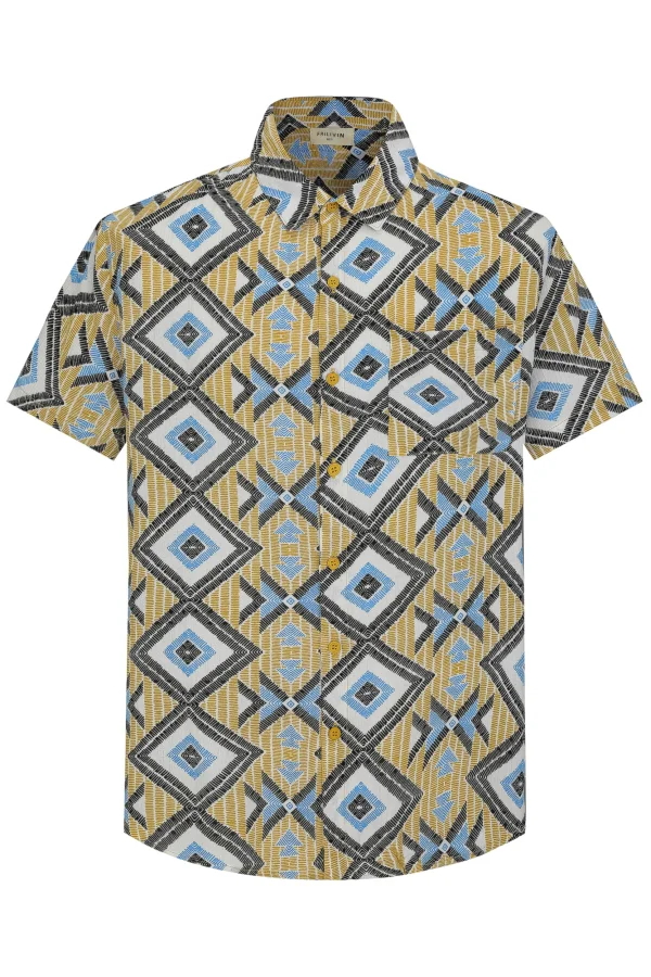 Camisa Havaiana Printe Geométrico Beje de Bolso | Definne