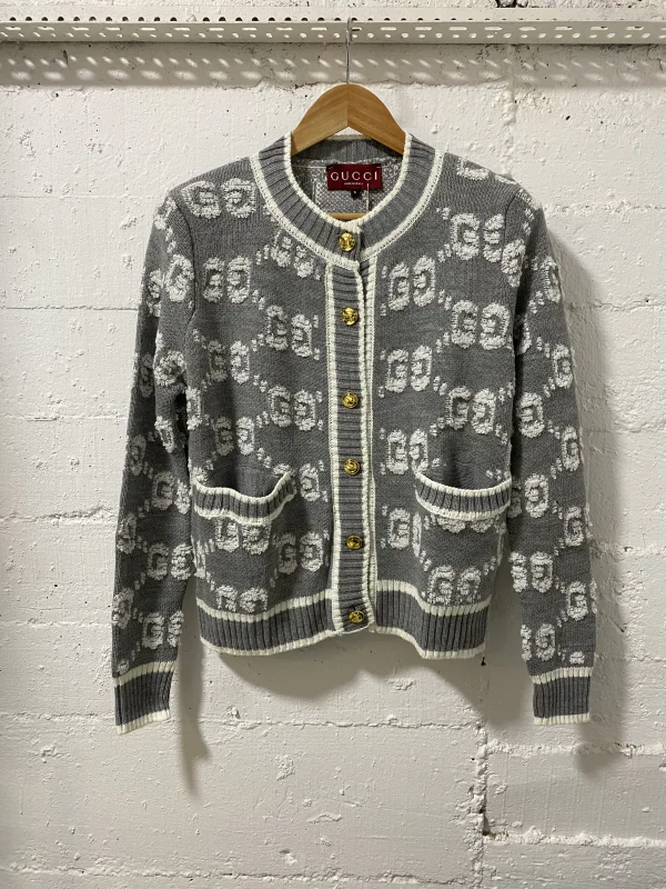 Gucci Firenze Monogram Knit Cardigan Grey Gold Buttons | MASSIMOLUXURYOUTLET