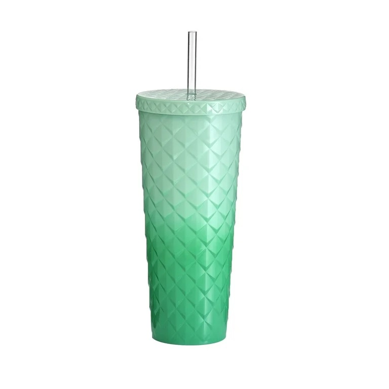 Mainstays 26oz Diamond Scale Textured Plastic Tumbler with Straw, Ombre Green, Double Wall Insulated  | Home & Kitchen Delights
