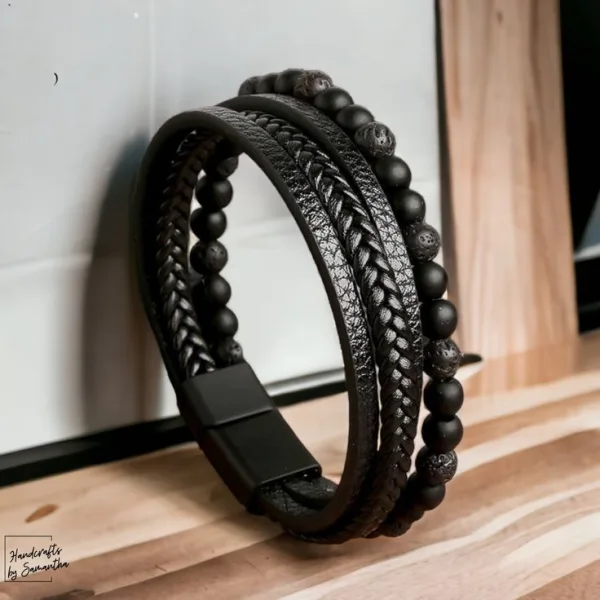 Bracelet en cuir avec pierre de lave & onyx mate 6mm | KingStone2.0