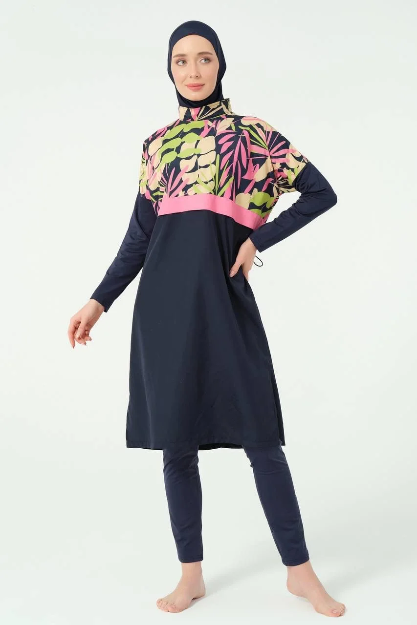 Burkini Long Lycra Tropical Bleu Marine | CasaZaz