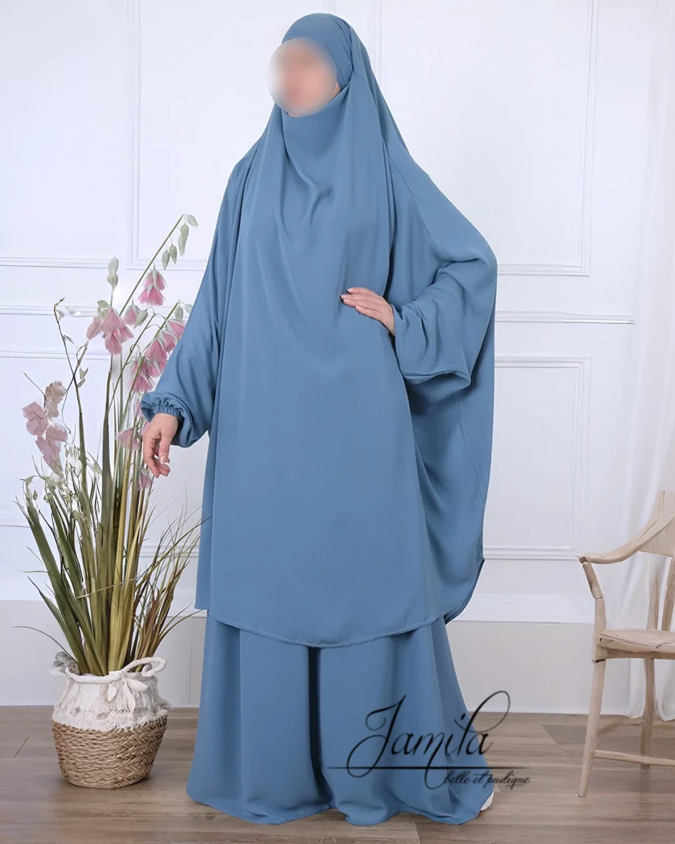 JILBAB 2 PIÈCES AVEC JUPE  BLEU JEAN – CONFORT ET ÉLÉGANCE | AMCOSMETIK