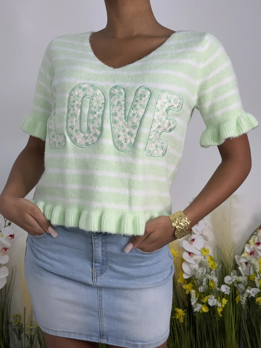 T shirt rayé love vert  | Neyla
