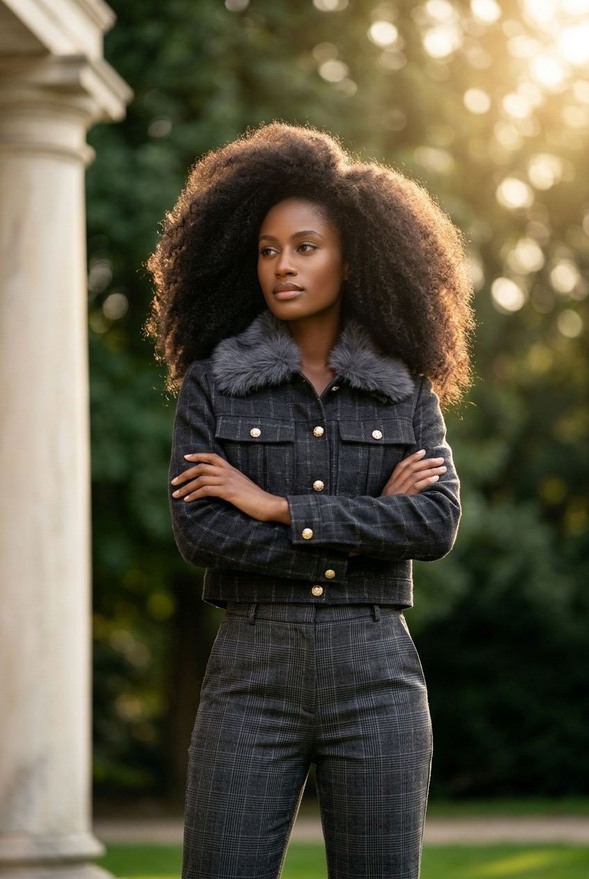 PARISIENNE Checked Faux Fur Trim Jacket | TRUE QUEEN SWDN
