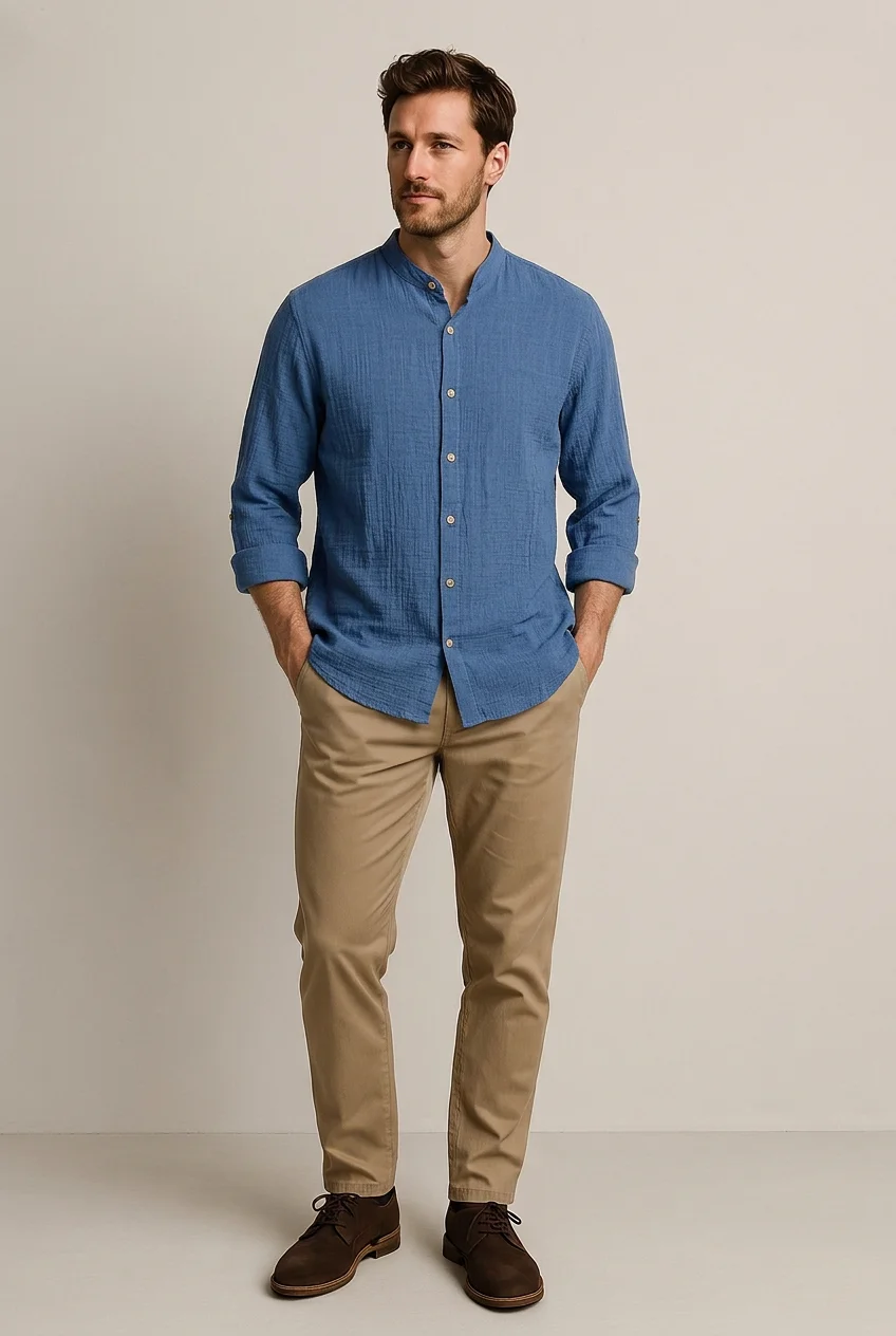 Camicia Uomo Estiva Collo alla Coreana - Blu Marino | GIMARK