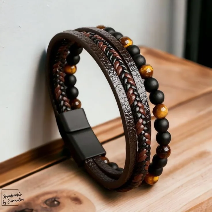 Bracelet en cuir avec  oeil de tigre & onyx mate 6mm | KingStone2.0