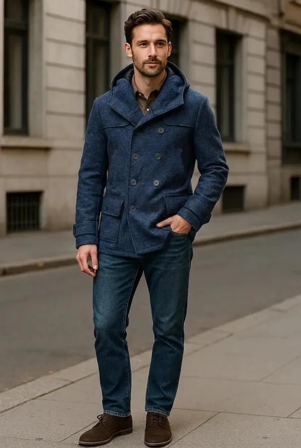 Cappotto Uomo Doppiopetto con Cappuccio - Blu | GIMARK