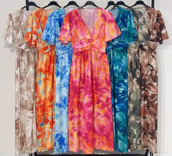 Robe longue satiné imprimé manches courtes  | Pink Corner 974