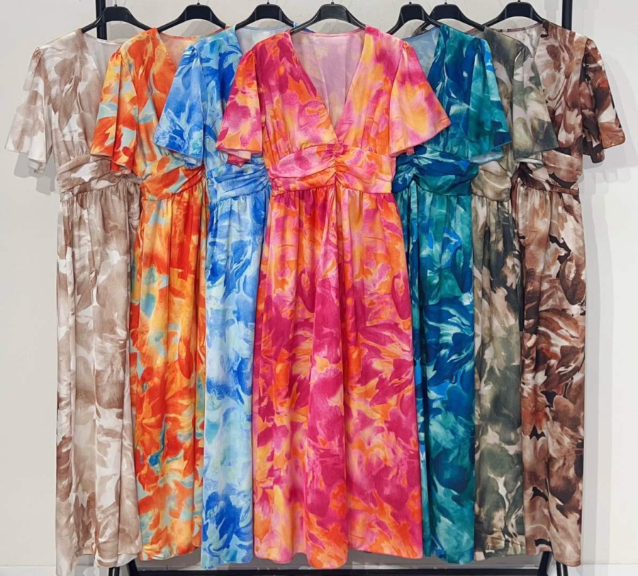 Robe longue satiné imprimé manches courtes  | Pink Corner 974