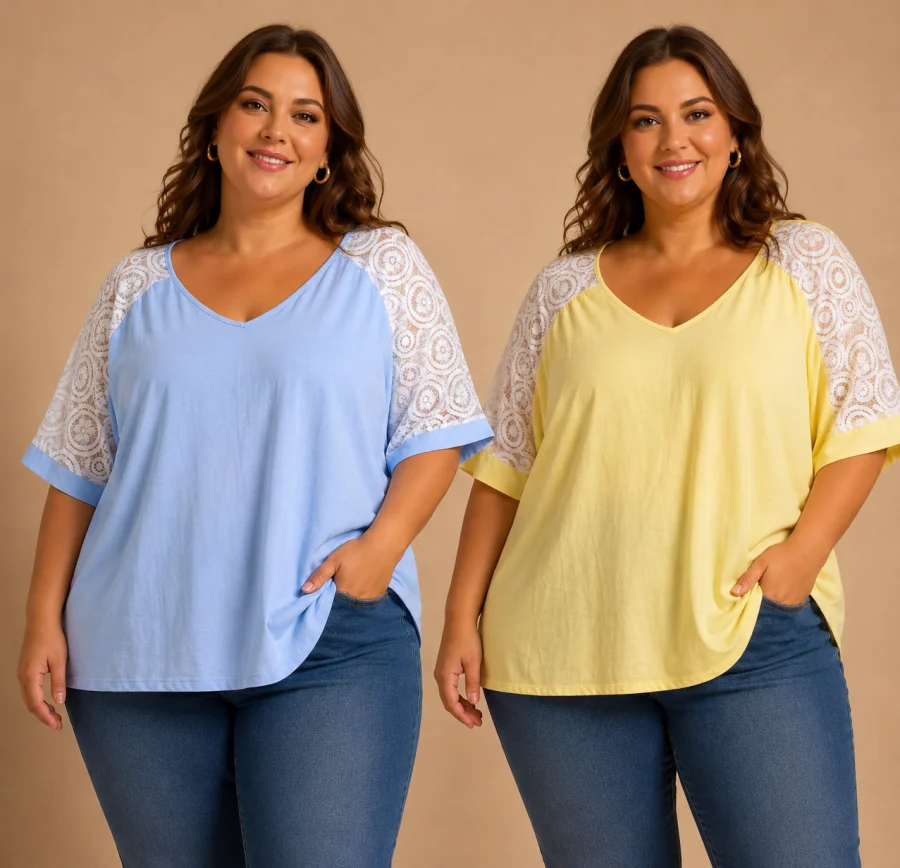 Shirt mit Spitzenärmel AA75 | LL-Fashion