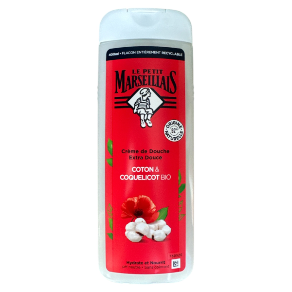 Le Petit Marseillais - Crème de Douche Extra Douce Coton & Coquelicot Bio (flacon de 400ml) – Gel douche avec 92 % d'ingrédients d'origine naturelle – pH neutre pour la peau et sans colorant | Miniprix