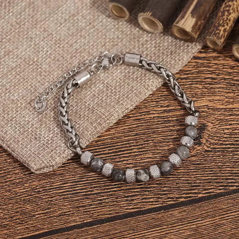 Bracelets à maillons cubains en pierre naturelle( jaspe gris). 6MM unisexe, en acier inoxydable. | KingStone2.0