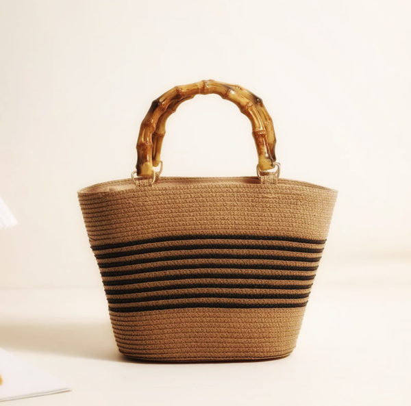 NANTUCKET Straw Weave Tote with Bamboo Handle, Black Stripe | 💖 𝕄𝕠𝕕𝕖𝕝 𝔻𝕠𝕝𝕝 💖
