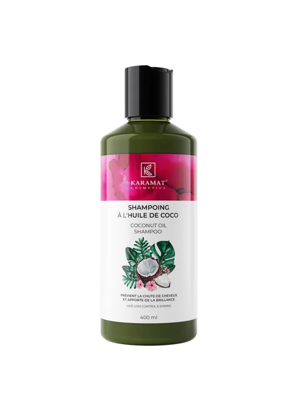 SHAMPOOING A L’HUILE DE COCO KARAMAT COSMETICS 400 ML  APPORTE BRILLANCE ET FREINE LA CHUTE DE CHEVEUX | AMCOSMETIK