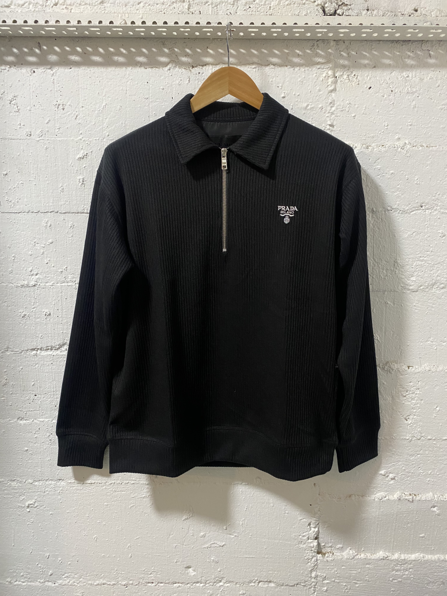 Prada Milano Cotton Zip Up Sweater Black | MASSIMOLUXURYOUTLET