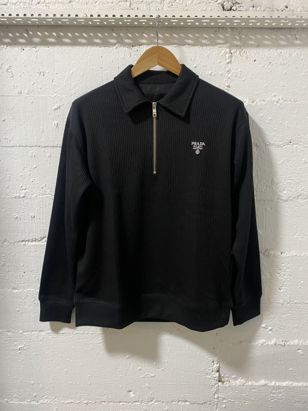 Prada Milano Cotton Zip Up Sweater Black | MASSIMOLUXURYOUTLET