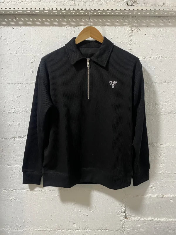 Prada Milano Cotton Zip Up Sweater Black | MASSIMOLUXURYOUTLET