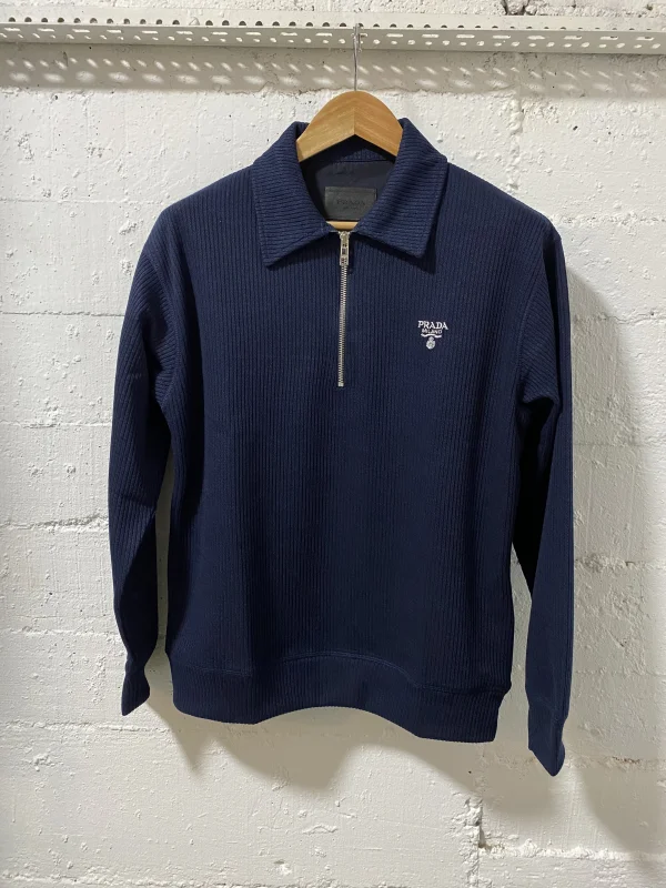 Prada Milano Cotton Zip Up Sweater Blue | MASSIMOLUXURYOUTLET
