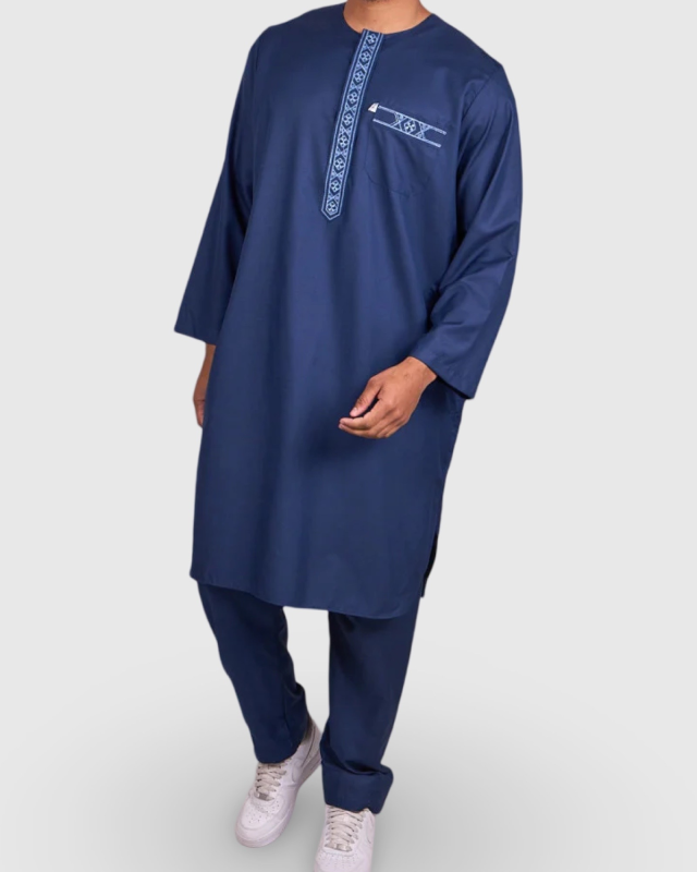 ENSEMBLE PAKISTANAIS 2 PIÈCES – QAMIS & PANTALON BLEU NUIT | AMCOSMETIK