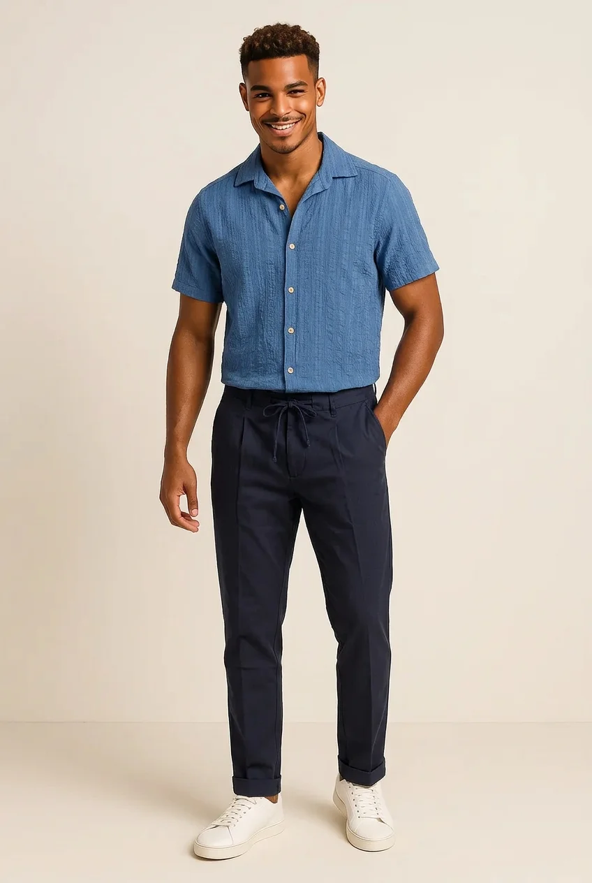 Camicia Uomo Mezza Manica in Misto Lino e Cotone - Blu | GIMARK