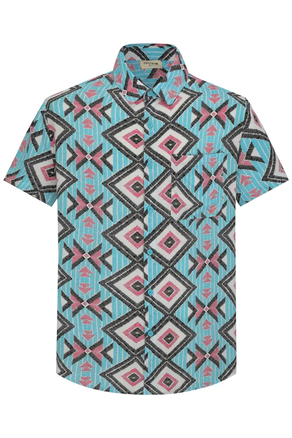 Camisa Havaiana Printe Geométrico Azul de Bolso | Definne