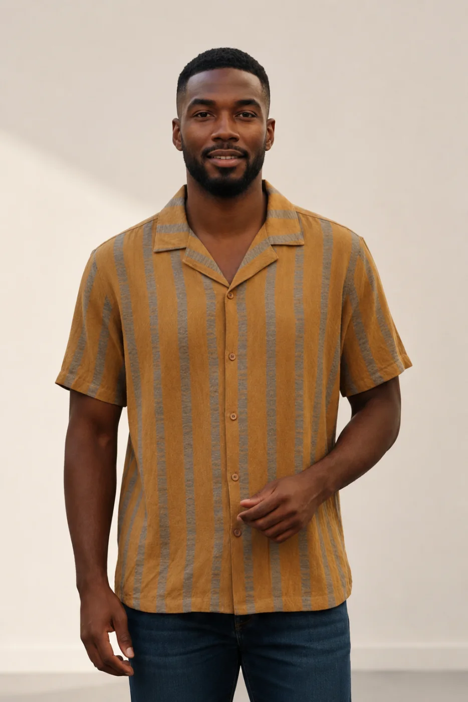 Camisa Havaiana estilo Linho em Camel Listrado Cod. 397 | definne