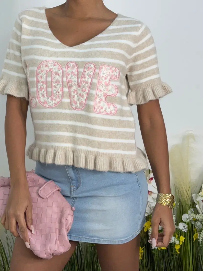 T shirt rayé love beige  | Neyla