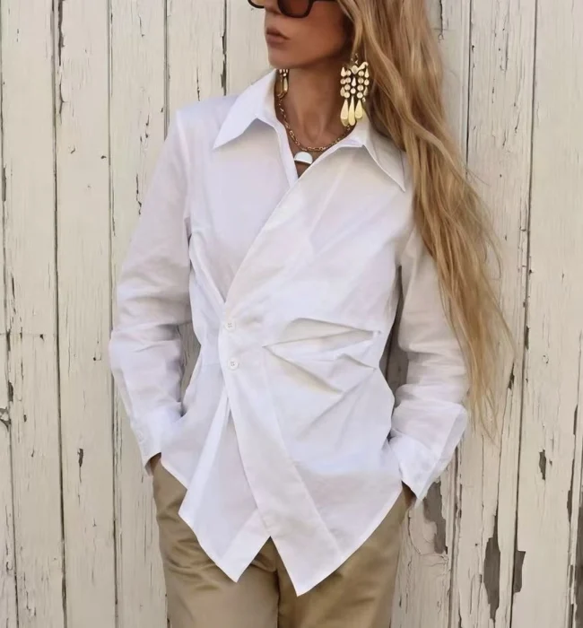 Camicia Bianca Sdrucita Drappeggiata con Allacciatura Incrociata | Moda Shop