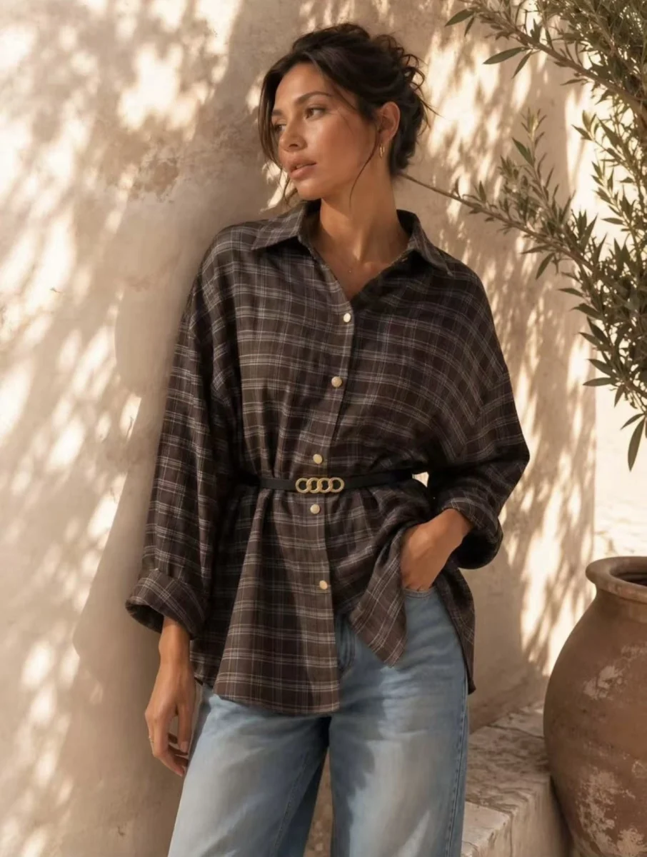 Camicia Oversize a Quadri Tartan con Cintura Gioiello | Moda Shop