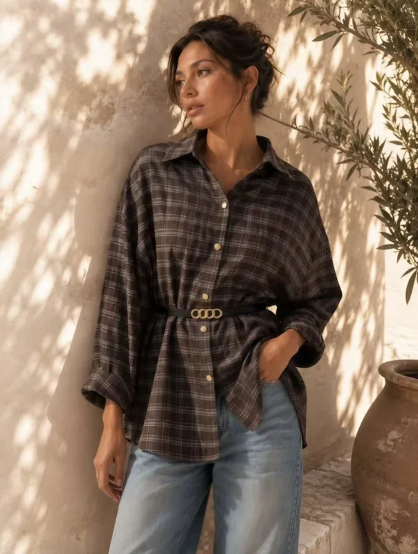 Camicia Oversize a Quadri Tartan con Cintura Gioiello | Moda Shop
