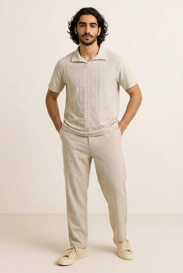 Maglietta Uomo Colletto a Polo Senza Bottoni - Beige | GIMARK