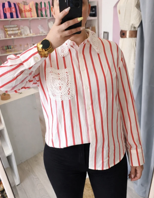 Chemise brodée rayé rouge et blanc | Neyla