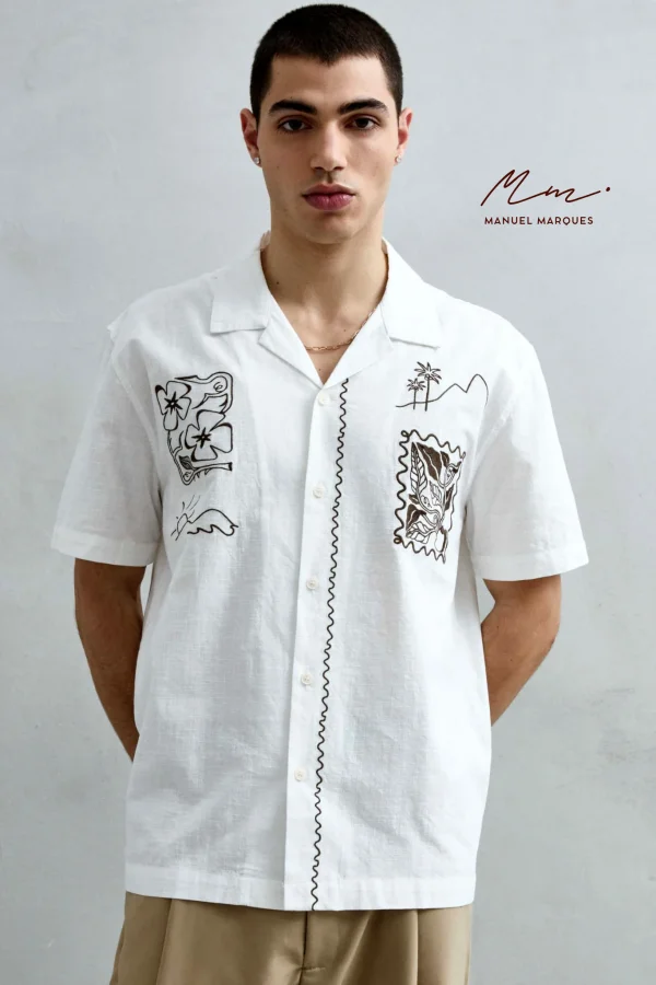 Camisa Linho Branca MM com Bordado Marron | definne