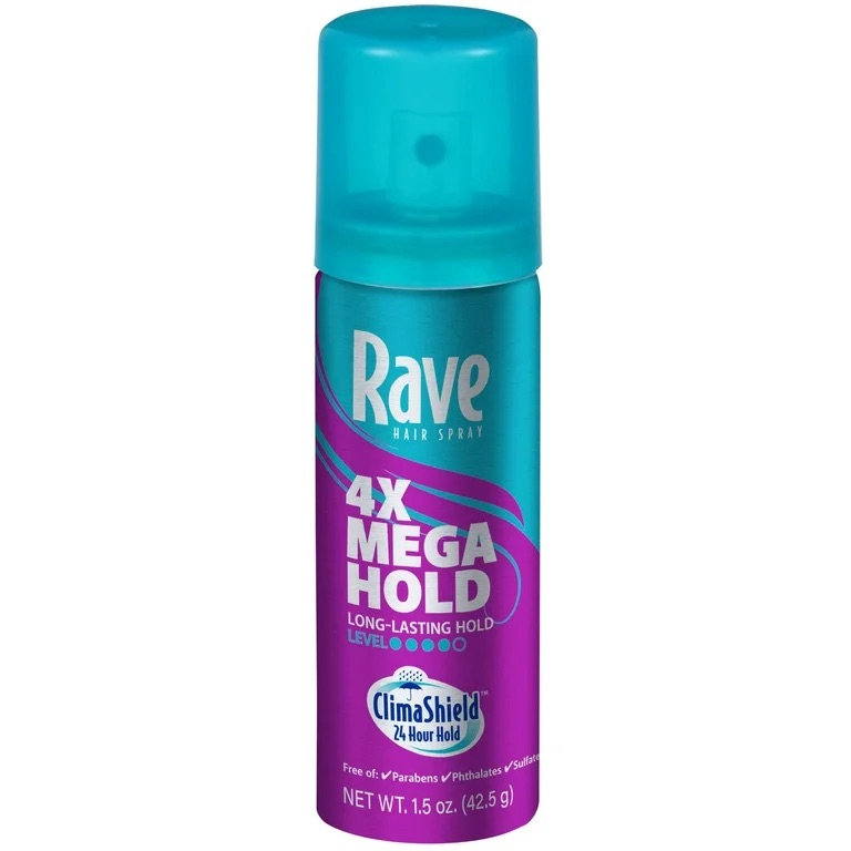 Rave 4X Mega Hold Hair Spray, All-Weather Protection, Travel Size, 1.5 oz | Hit-The-Stage Pharmacy