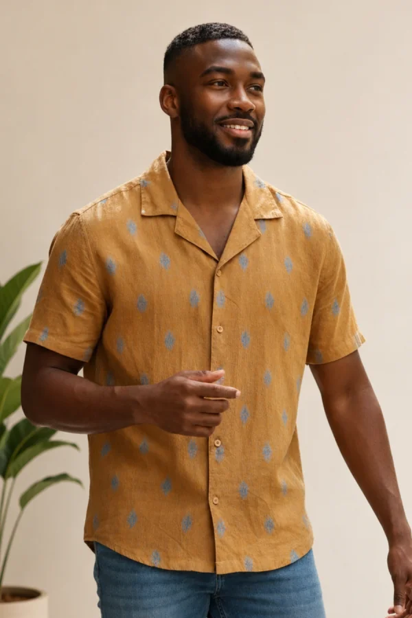Camisa Havaiana estilo Linho em Camel Padrão Cod. | definne