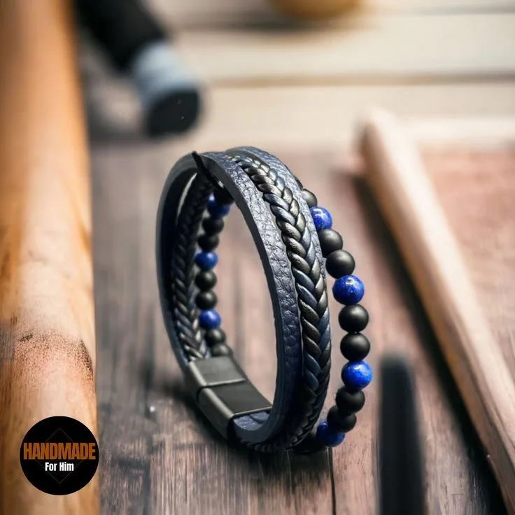 Bracelet en cuir avec  lapis lazuli & onyx mate 6mm | KingStone2.0