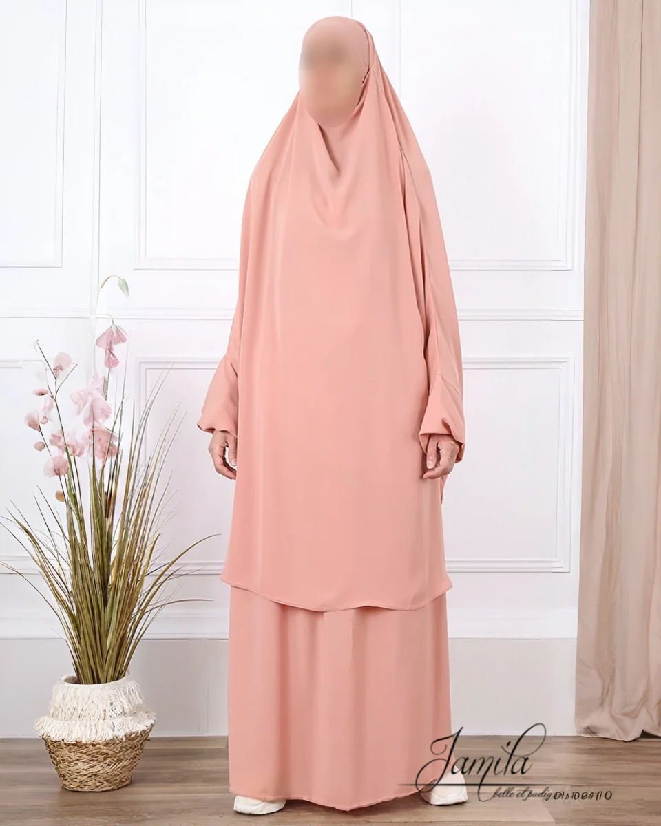 JILBAB 2 PIÈCES AVEC JUPE  TAUPE ROSE – CONFORT ET ÉLÉGANCE | AMCOSMETIK