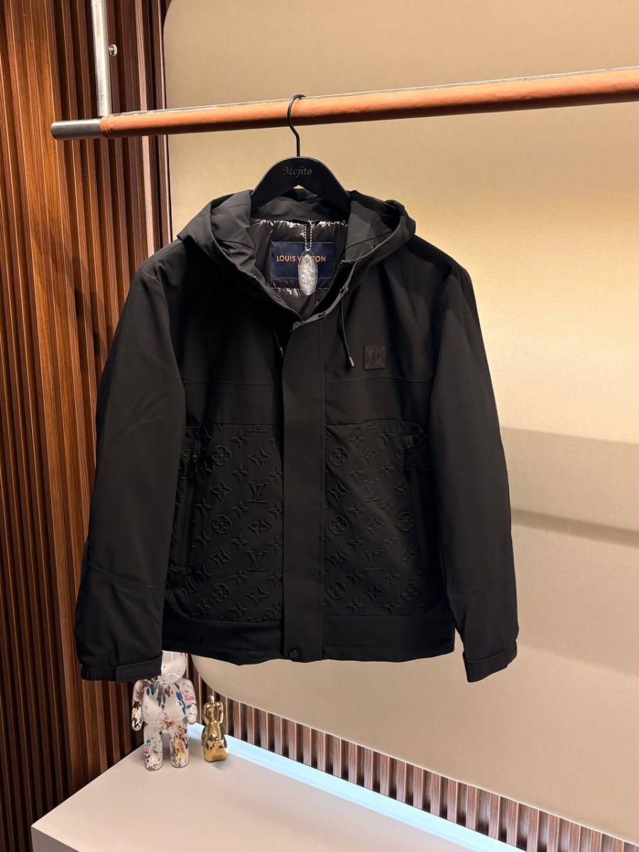 Louis Vuitton Black Hooded Jacket  Embossed Monogram  Outerwear | MASSIMOLUXURYOUTLET