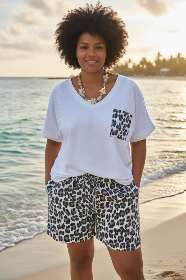 T-shirt Col V avec une poche léopard en grande taille  | Chez Florem