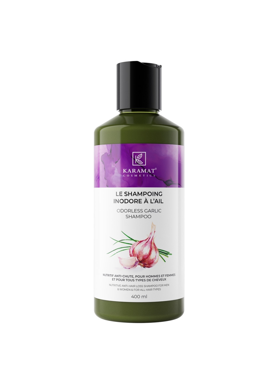 SHAMPOOING À L'AIL INODORE KARAMAT COSMETICS 400 ML  SHAMPOOING NUTRITIF ANTI-CHUTE POUR HOMMES ET FEMMES ET POUR TOUS TYPES DE CHEVEUX | AMCOSMETIK