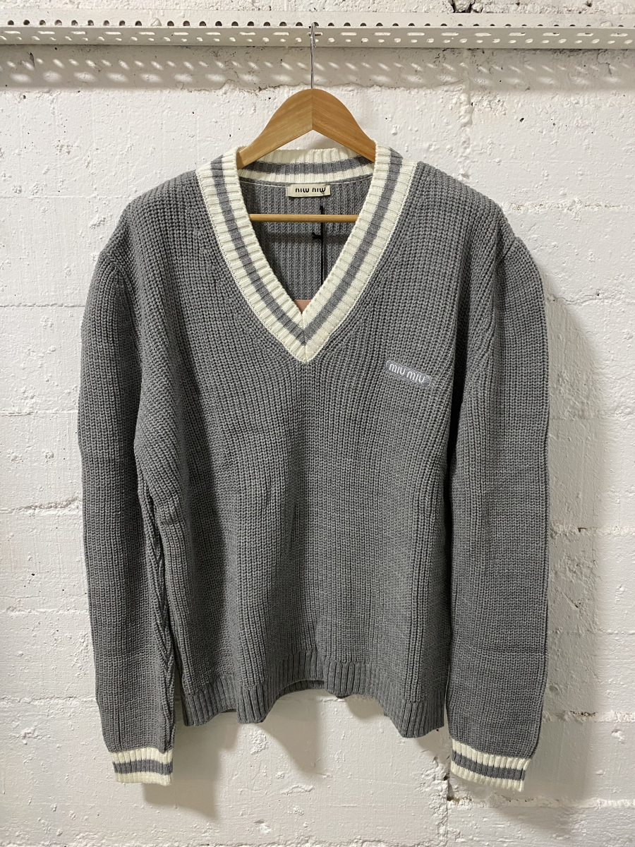 Miu Miu Women V Neck Knitted Sweater Grey | MASSIMOLUXURYOUTLET