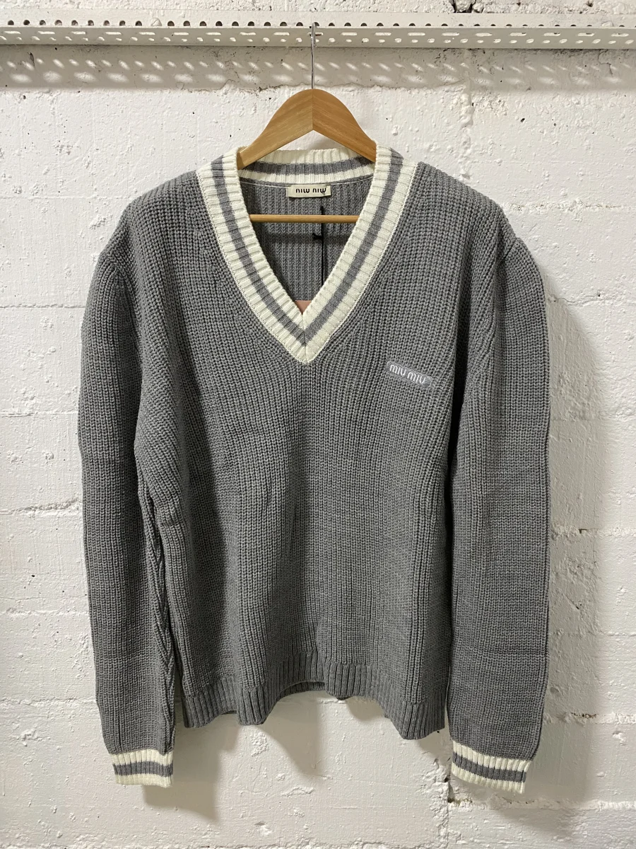 Miu Miu V Neck Knitted Sweater Grey | MASSIMOLUXURYOUTLET