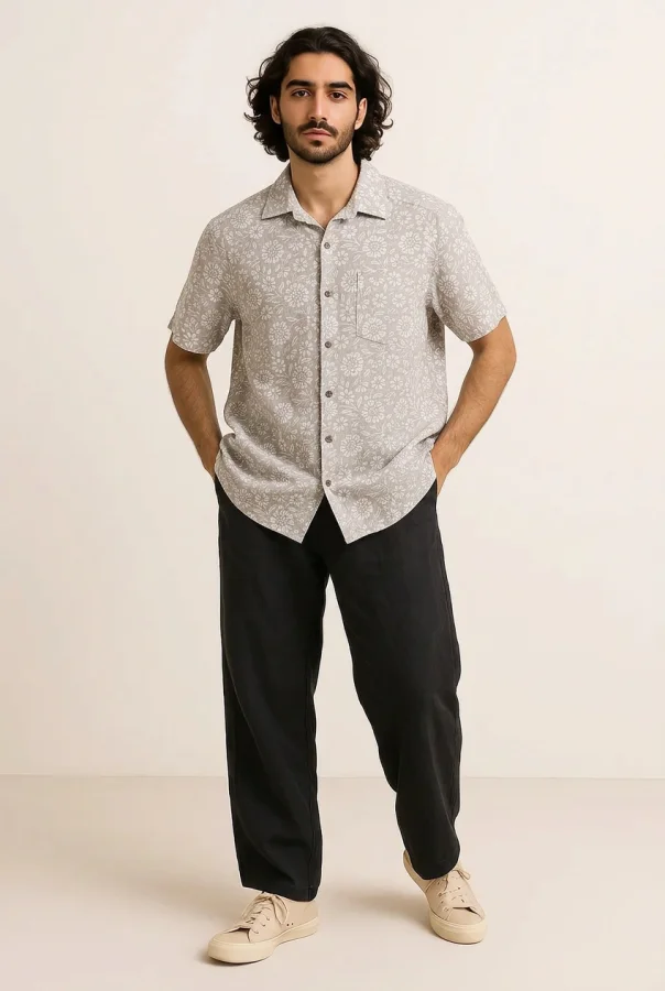 Camicia Uomo Mezza Manica Misto Lino Fantasia Fiori - Sabbia | GIMARK