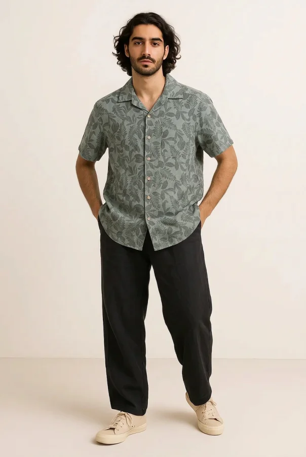 Camicia Uomo Mezza Manica Misto Lino Fantasia Foglie - Verde | GIMARK