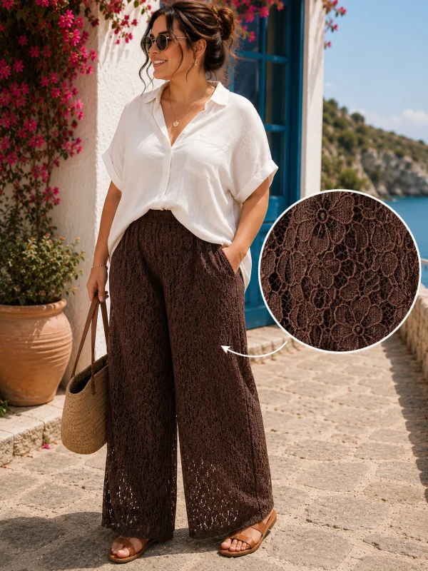 Pantalon dentelle " cacao" marron 38 au 46/48 | Les Chics Filles by Sab