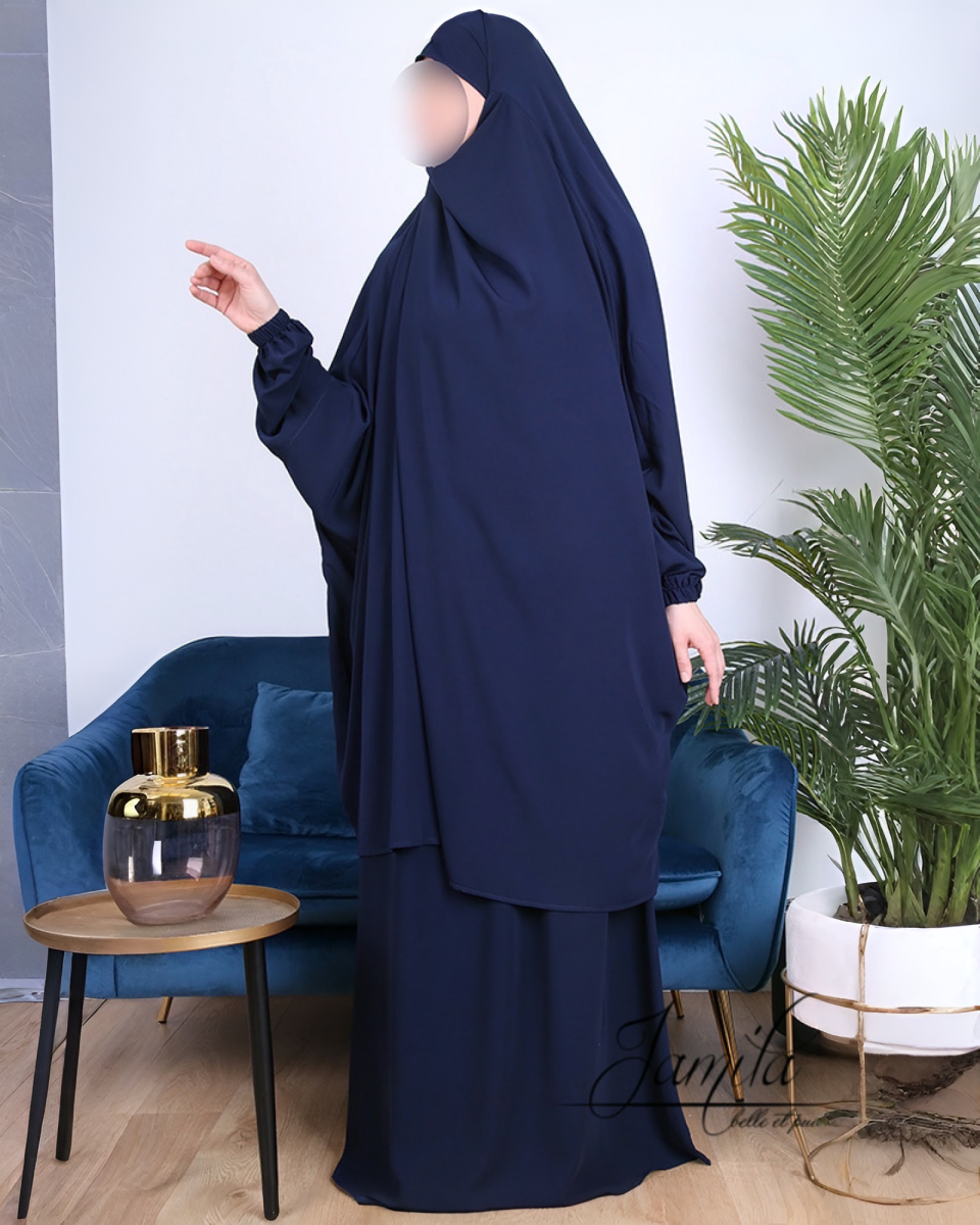 JILBAB 2 PIÈCES AVEC JUPE BLEU NUIT– CONFORT ET ÉLÉGANCE | AMCOSMETIK